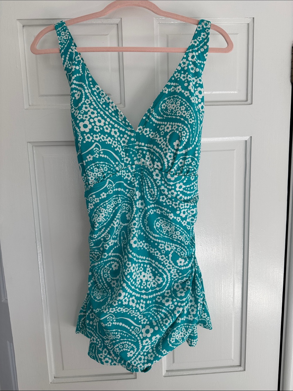 Woman’s Teal & White Paisley One-Piece Swimsuit